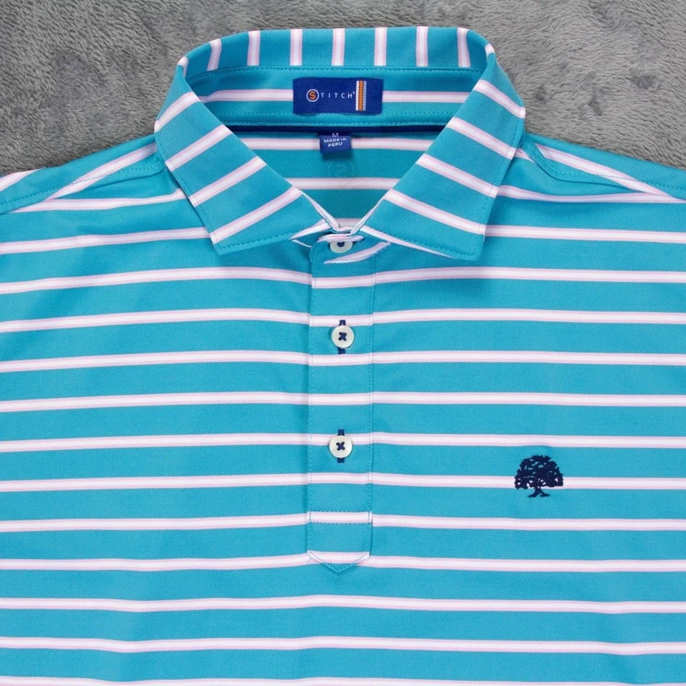 Stitch Mens M Blue Pink White Stripe Short Sleeve Golf Polo Shirt - Picture 4 of 12